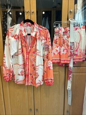 Coral & White Floral Button-Up Shirt and Shorts Set